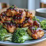 Air fryer honey garlic chicken bites with broccoli in a glossy, sticky sauce, served over tender air-fried florets for a healthy dinner.