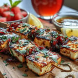 Golden halloumi cheese, watermelon, and mint skewers sizzling on a grill.