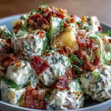 Crispy bacon Memorial Day Potato Salad, a picnic-perfect, tangy American classic.