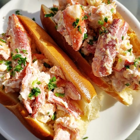 A close-up of a perfectly constructed New England Lobster Roll, served with fresh lemon wedges.