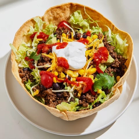 This delicious taco salad includes a hearty beef mixture, cheese, and a perfect presentation in a bowl.