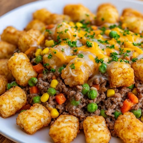 Golden, crispy tater tots crown a hearty Tater Tot Casserole, a classic American comfort food.