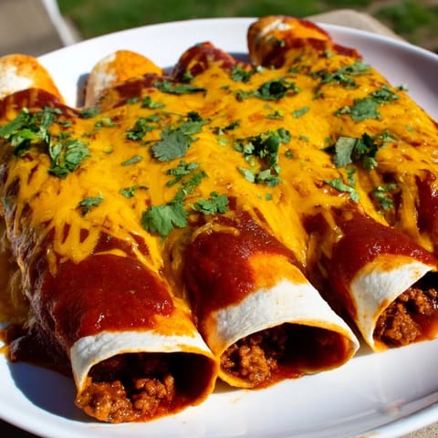 A close-up of cheesy Beef Enchiladas, showcasing tender tortillas and savory, seasoned beef filling.