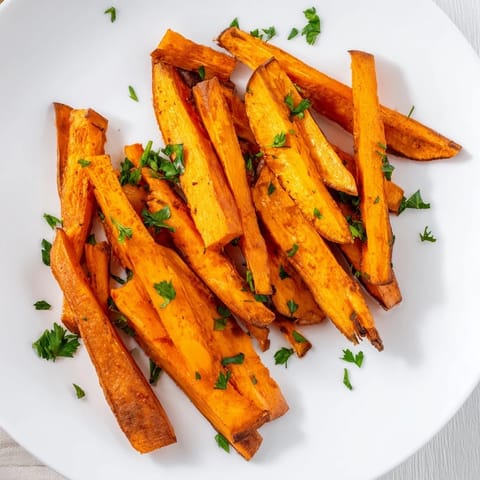 Oven-baked sweet potato fries, a delightful side dish with a slightly smoky aroma and perfect texture.