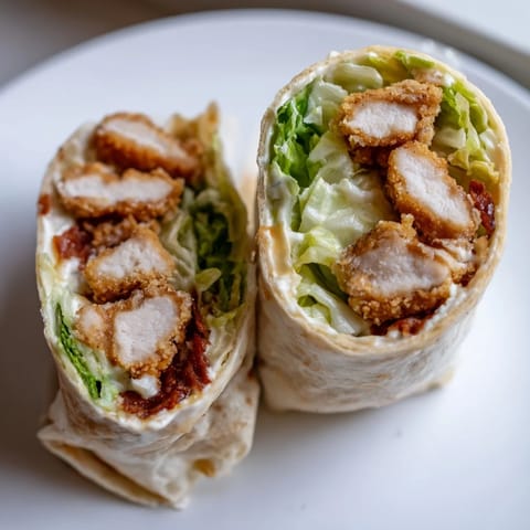 Golden Crispy Chicken Caesar Wrap slices halved, showcasing fresh romaine and Caesar dressing on a soft flour tortilla.
