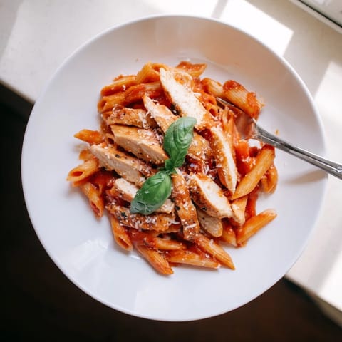 A close-up view of Spicy Tomato Chicken Pasta, featuring tender penne coated in rich red sauce with juicy sliced chicken and grated Parmesan.  