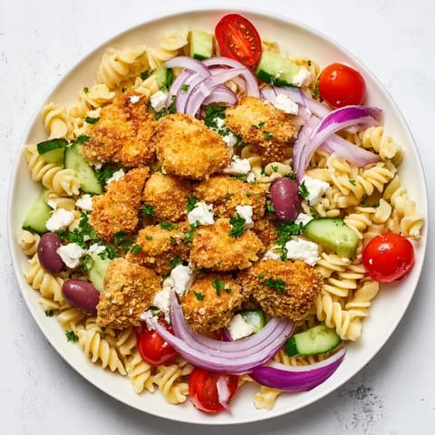 Crispy Chicken Greek Pasta features golden-brown chicken bites atop penne tossed with fresh tomatoes, cucumbers, and tangy feta cheese.  