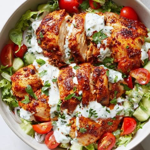 Brightly colored Chicken Shawarma Salad Bowl with juicy spiced chicken over crisp greens, tomatoes, and cucumbers.