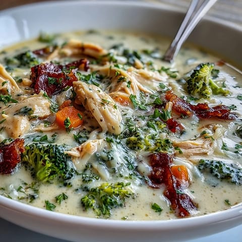 Steaming bowl of creamy Chicken Broccoli Cheddar Soup with tender chicken and fresh broccoli florets.