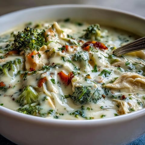 A rustic mug of Chicken Broccoli Cheddar Soup, rich with melted cheddar and vibrant green broccoli.