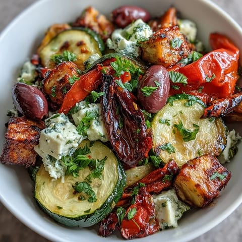 A warm Roasted Greek Salad features caramelized peppers, onions, zucchini, eggplant, and cherry tomatoes topped with feta and olives.