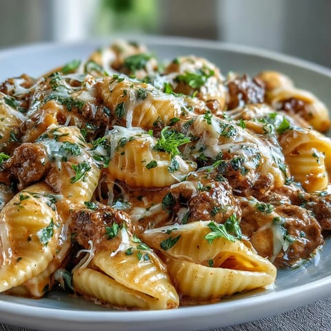 Hearty One Pot Creamy Beef and Shells, a comforting weeknight meal in a skillet.