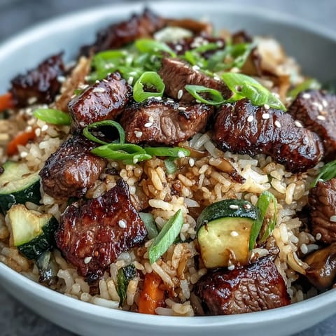 Golden-brown Easy Hibachi Steak sizzles with peas, carrots, and fried rice in a skillet.