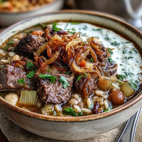 A steaming pot of Persian-inspired Beef Barley Soup simmers with fresh parsley, cilantro, dill, and chives, ready for a bright herb finish.