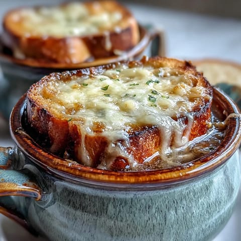 Classic French Onion Soup served in a rustic crock, topped with a golden, bubbly layer of Gruyère cheese and toasted baguette.