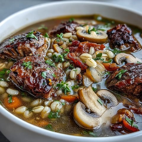 A close-up shows a ladle of hearty Beef and Barley Soup with Mushrooms poured into a bowl, garnished with fresh parsley for a cozy dinner.