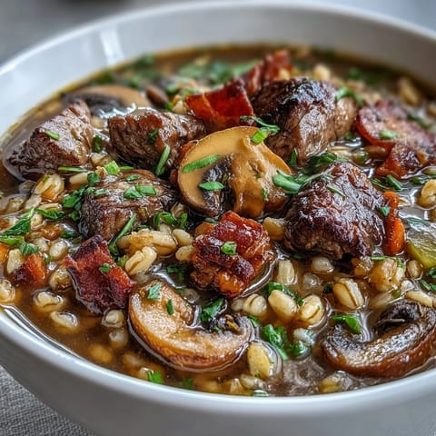 Golden brown beef and smoky pancetta simmer with pearl barley and sliced baby bellas in a rustic Dutch oven for Beef and Barley Soup with Mushrooms.