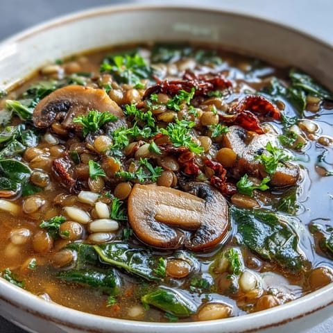 A bowl of hearty Double Lentil and Mushroom Barley Soup garnished with fresh parsley.