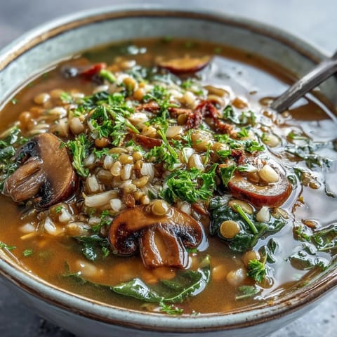 Close-up of simmering Double Lentil and Mushroom Barley Soup in a rustic pot.