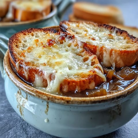 A bowl of classic French Onion Soup featuring deeply caramelized onions, leeks, and shallots under melted, browned cheese.