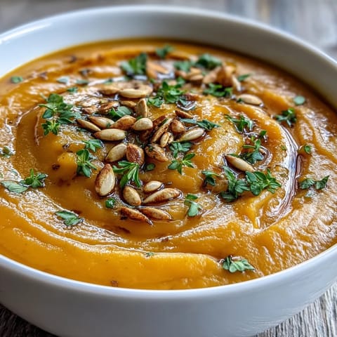 Creamy Butternut Squash Soup in a rustic bowl, garnished with toasted pumpkin seeds and fresh thyme.