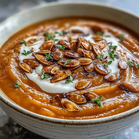 Warm bowl of Roasted Butternut Squash Soup drizzled with cream, paired with crusty bread on a rustic table.