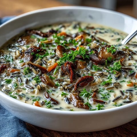 Earthy Wild Rice Mushroom Soup simmering in a pot with fresh thyme, rosemary, and chopped carrots.