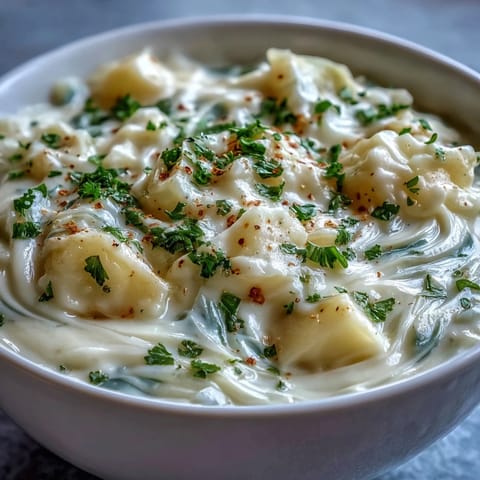 Creamy Potato Soup with Cabbage in a rustic bowl, topped with parsley and steam rising, served with crusty bread.