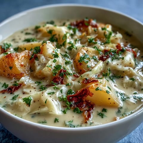 Velvety Creamy Potato Soup with Cabbage garnished with fresh parsley, resting beside a slice of crusty bread for dipping.