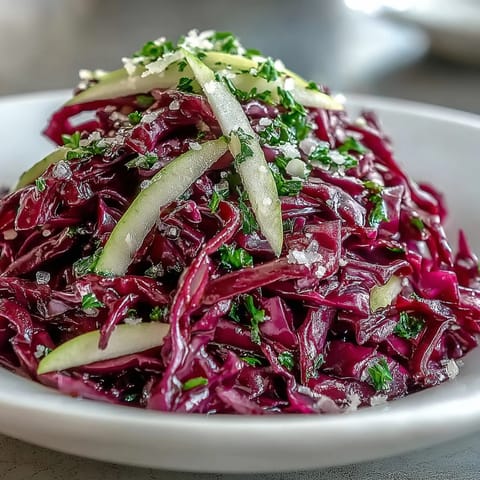 Tangy vinaigrette glistens on this crunchy Red Cabbage Coleslaw With Apple and Parmesan, served in a white bowl as a refreshing side dish.