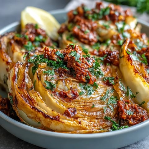 Roasted cabbage wedges topped with bold winter romesco and lemon wedges for serving.