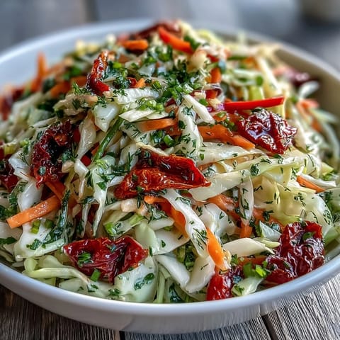 A refreshing Cabbage Salad With Sundried Tomatoes dressed with herby vinaigrette, ideal for a light lunch.