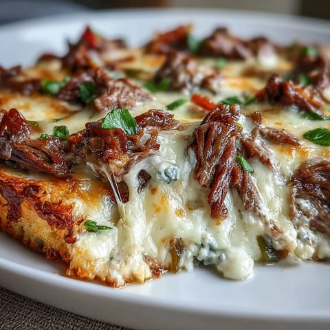 Creamy Philly Cheesesteak Dip with shaved ribeye, peppers, and onions in a bowl.