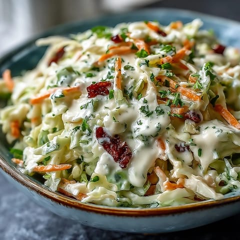 A chilled bowl of Coleslaw with creamy dressing, packed with crunchy cabbage and carrots for a picnic.