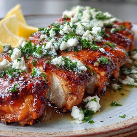 A skillet of tender Greek Chicken with Lemon and Feta, simmering with aromatic garlic and oregano for a healthy dinner.