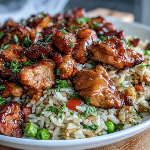 One-Pan Bold Honey BBQ Chicken Rice served steaming hot with colorful bell peppers and peas.