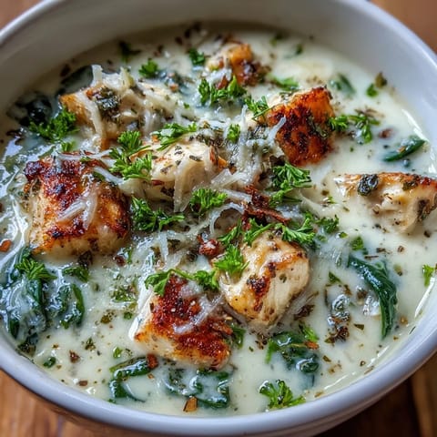 A bowl of Garlic Parmesan Chicken Soup garnished with fresh parsley, served alongside crusty artisan bread.