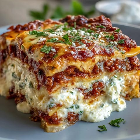 Golden, bubbling layers of Worlds Best Lasagna with rich meat sauce, creamy ricotta, and melted mozzarella.