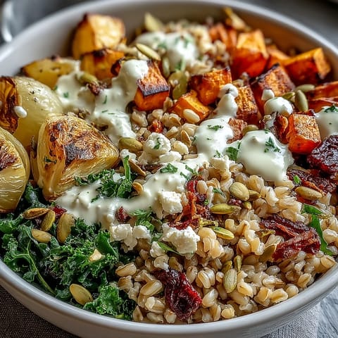 Hearty Winter Grain Bowl with roasted root vegetables, kale, and creamy tahini dressing, served warm in a rustic bowl.