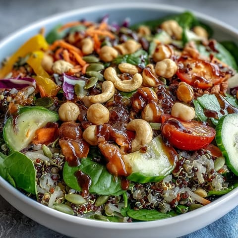 A vibrant Rainbow Salad Bowl with quinoa, crisp vegetables, and beans, tossed in a zesty lemon dressing and topped with crunchy nuts and seeds.  