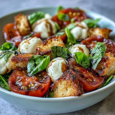 A fresh Caprese Salad Bowl features mozzarella balls and sliced tomatoes drizzled with balsamic vinegar over rustic bread cubes.