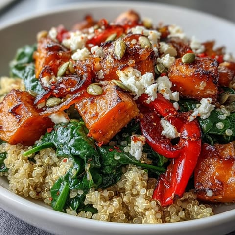 This vegetarian Warm Salad Bowl features golden roasted veggies, fluffy grains, and a vibrant warm vinaigrette drizzle.