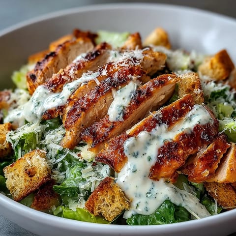 Sliced grilled chicken breast rests on crisp romaine lettuce for a Caesar Chicken Bowl, topped with parmesan and crunchy croutons, ready for a quick lunch.  