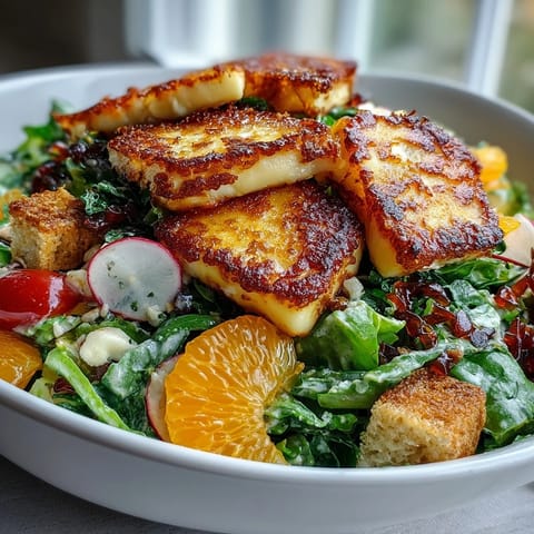 A close-up of Halloumi Blood Orange Fattoush with crunchy sourdough croutons and a zesty sumac dressing drizzle.