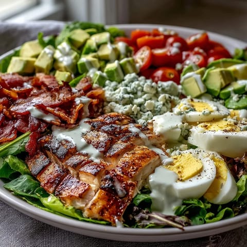 Colorful Cobb Salad Bowl featuring grilled chicken strips, diced tomatoes, crumbled blue cheese, and crispy bacon arranged neatly over mixed greens.