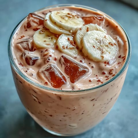 Two chilled glasses of Guava Banana Smoothie with a frosty texture, served on a sunny brunch table with tropical fruit garnish.