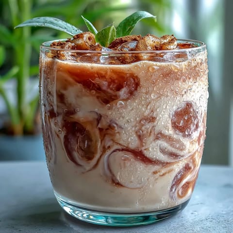 Chilled Guava Coquito poured into a small glass, showcasing its smooth coconut and rum texture with a swirl of cinnamon.