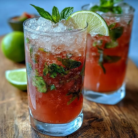 Vibrant pink Guava Mojito drink muddled with mint and lime, topped with bubbly club soda and fresh garnishes.