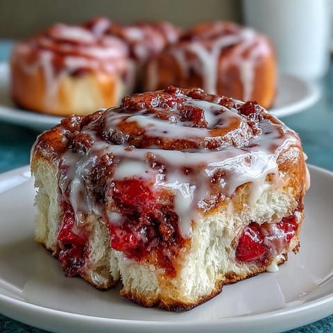 Golden brown Strawberry Cinnamon Rolls are pulled apart to reveal a gooey, sweet strawberry swirl filling.