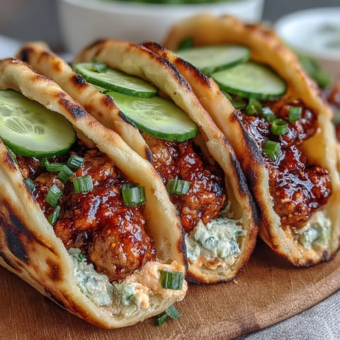 Golden naan bread stuffed with spicy Korean ground turkey and crunchy cucumbers, ready to eat as a handheld meal.